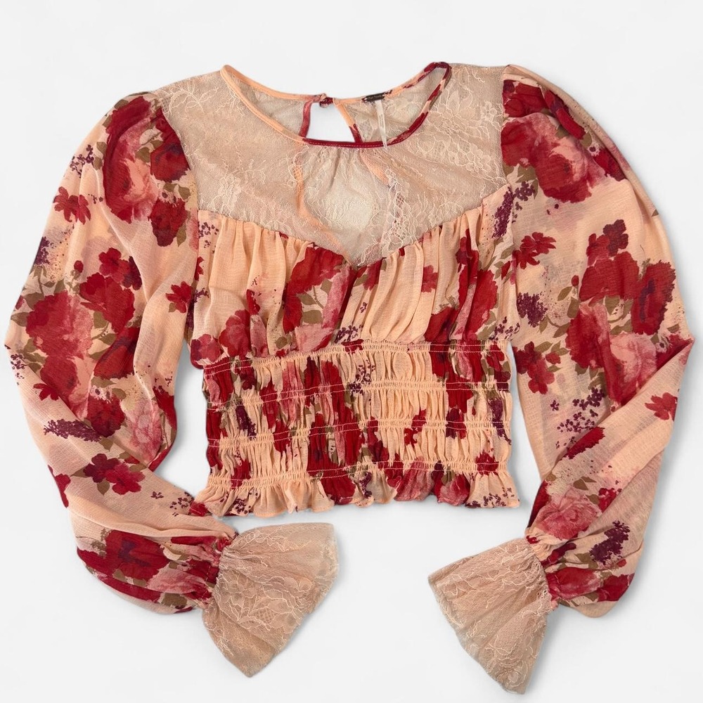 Free People Daphne Floral Long Sleeve Smocked Lace Blouse Pink Red XS